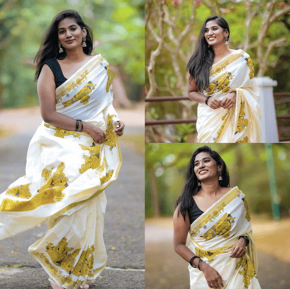 Butterfly printed Cotton Set Saree with gold and color border